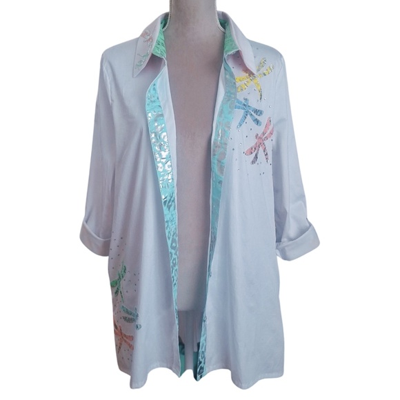 Berek White Whimsical Artsy Tunic Dragonfly Embellished Button Front Shirt Sz L - Picture 3 of 11